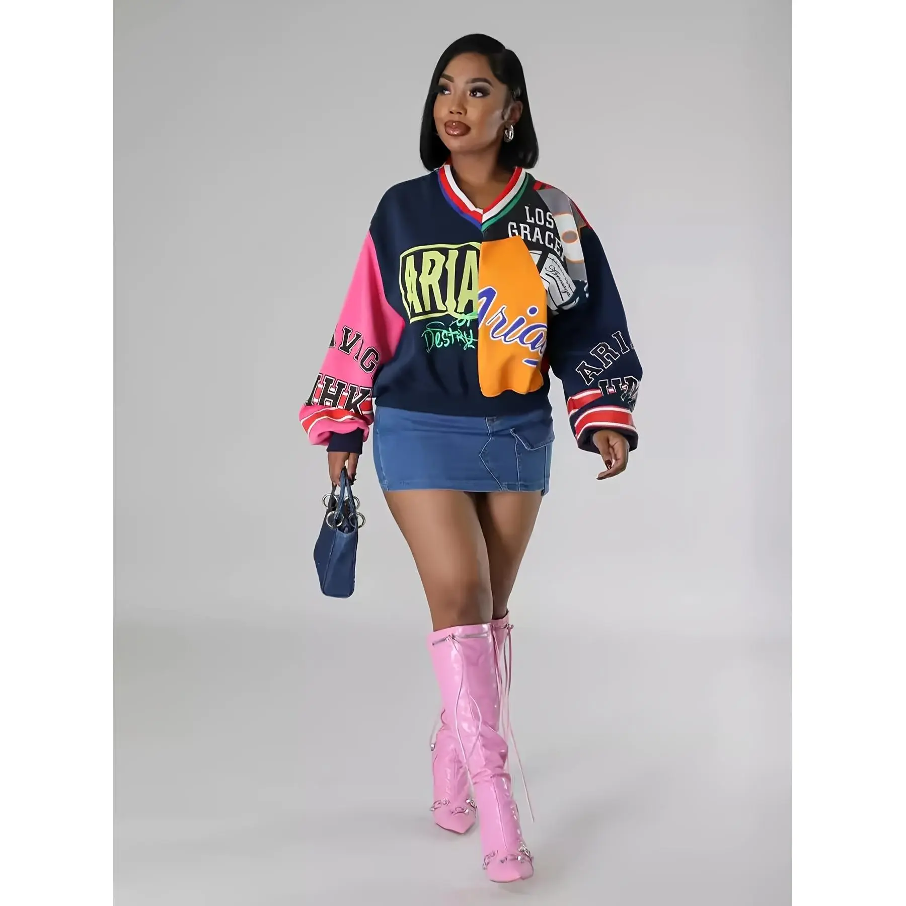 [Cozy Comfort Hoodie] Stylish Women's Cozy Comfort - V-Neck Hoodie with Arizona Letter Print, Polyester Blend, Machine Washable, Color Block Long Sleeve, Relaxed Fit Clothing, Everyday Casualwear