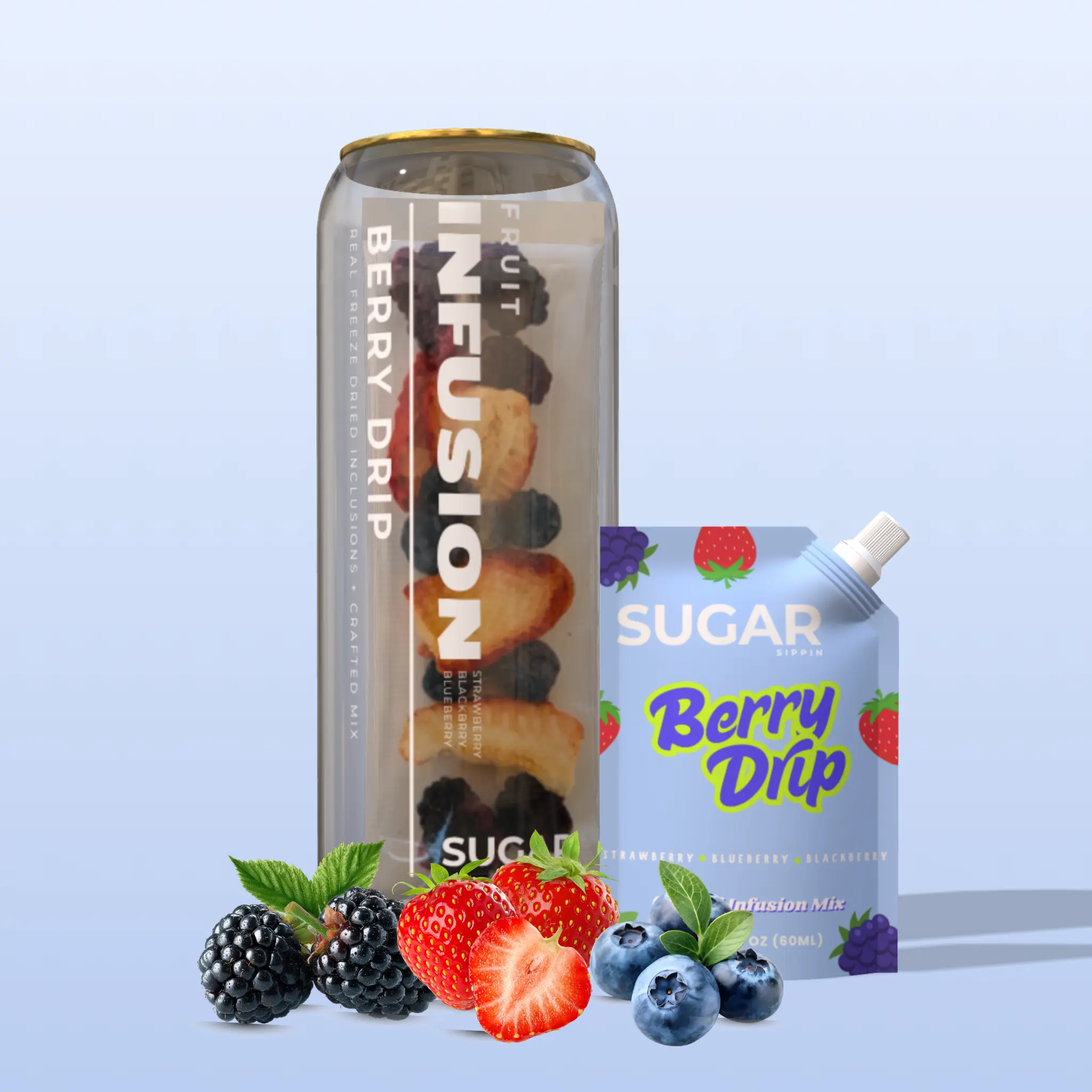 Berry Drip - Drink Kit with Premium Strawberry + Blackberry + Blueberry Fruit Syrup Mix + Freeze Dried Fruits + Reusable Can (500ml)