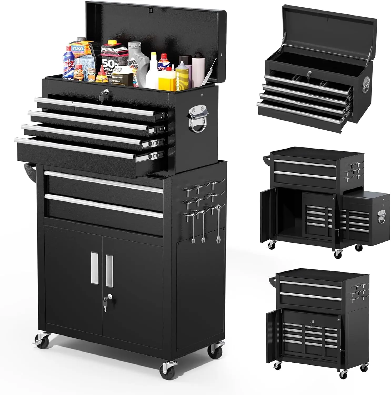 Greenvelly Tool Chest, 8-Drawer Rolling Tool Cart with Hooks, Tray Divider, Liners, 2 in 1 Detachable Tool Cabinet, Metal Tool Storage Cart, Tool Box for Garage Workshop(Black)