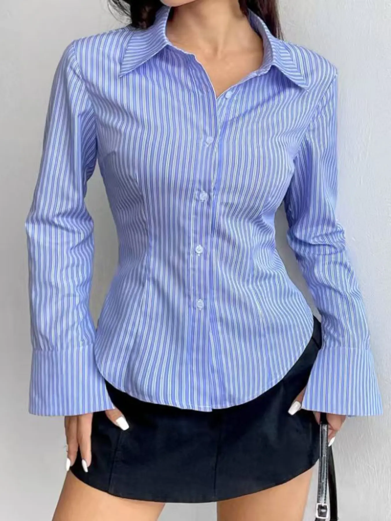 Women's Blue Striped Waist Cinching Shirt Fit Blouse, Slimming Bodycon Design, Long Sleeve Flare Sleeves, Vintage Spice Girl Style, Womenswear
