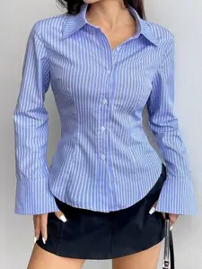 Women's Blue Striped Waist Cinching Shirt Fit Blouse, Slimming Bodycon Design, Long Sleeve Flare Sleeves, Vintage Spice Girl Style, Womenswear