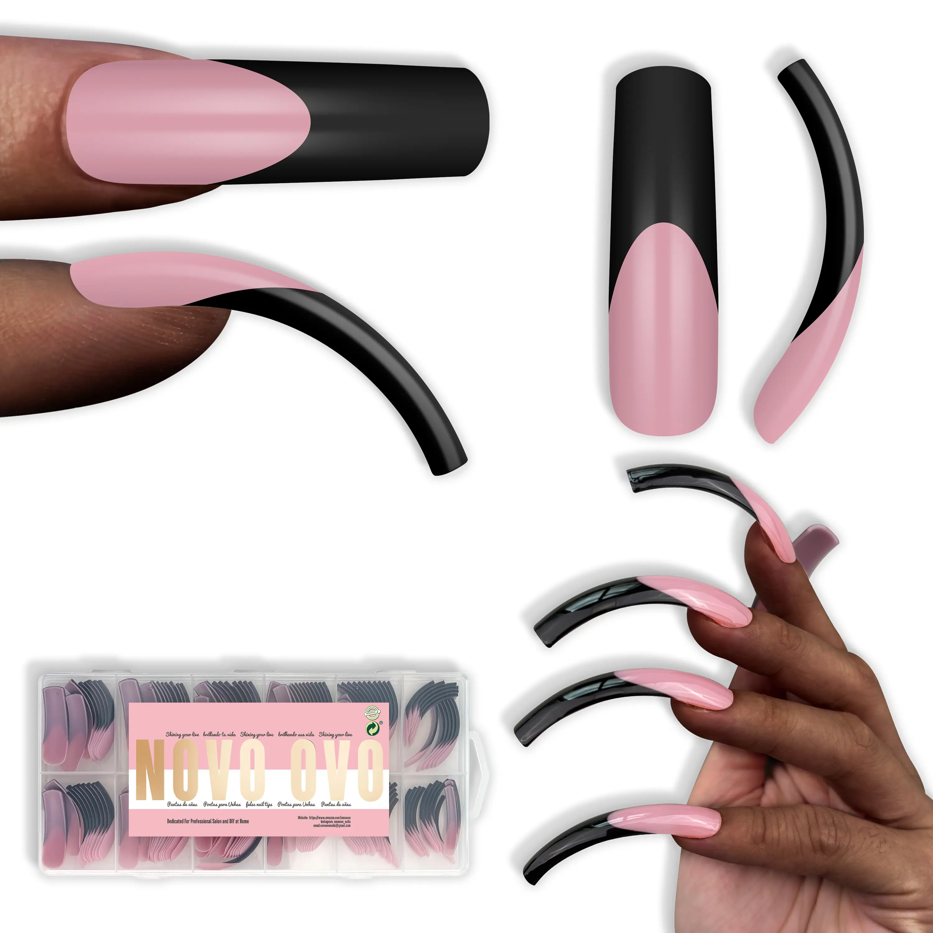NOVO OVO Halloween Press on Nails Kit Set - Black XXL Curved Square French Tip, Berry Pink Full Cover Extra Thick Long Acrylic Hawk Curve Fake Extensions, 12 Sizes 144-Piece Multi-Pack Box, Salon/DIY Use (No Glue, Top Coat, Lamp Included), Nail Kit Set, A
