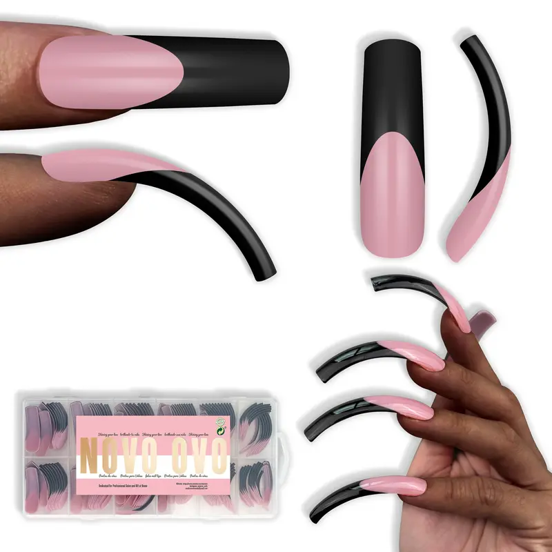 NOVO OVO Halloween Press on Nail Sets - Black XXL Curved Square French Tip, Berry Pink Full Cover Extra Thick Long Acrylic Hawk Curve Fake Extensions, 12 Sizes 144-Piece Multi-Pack Box, Salon/DIY Use (No Glue, Top Coat, Lamp Included) Nail Kit Set, Nail P