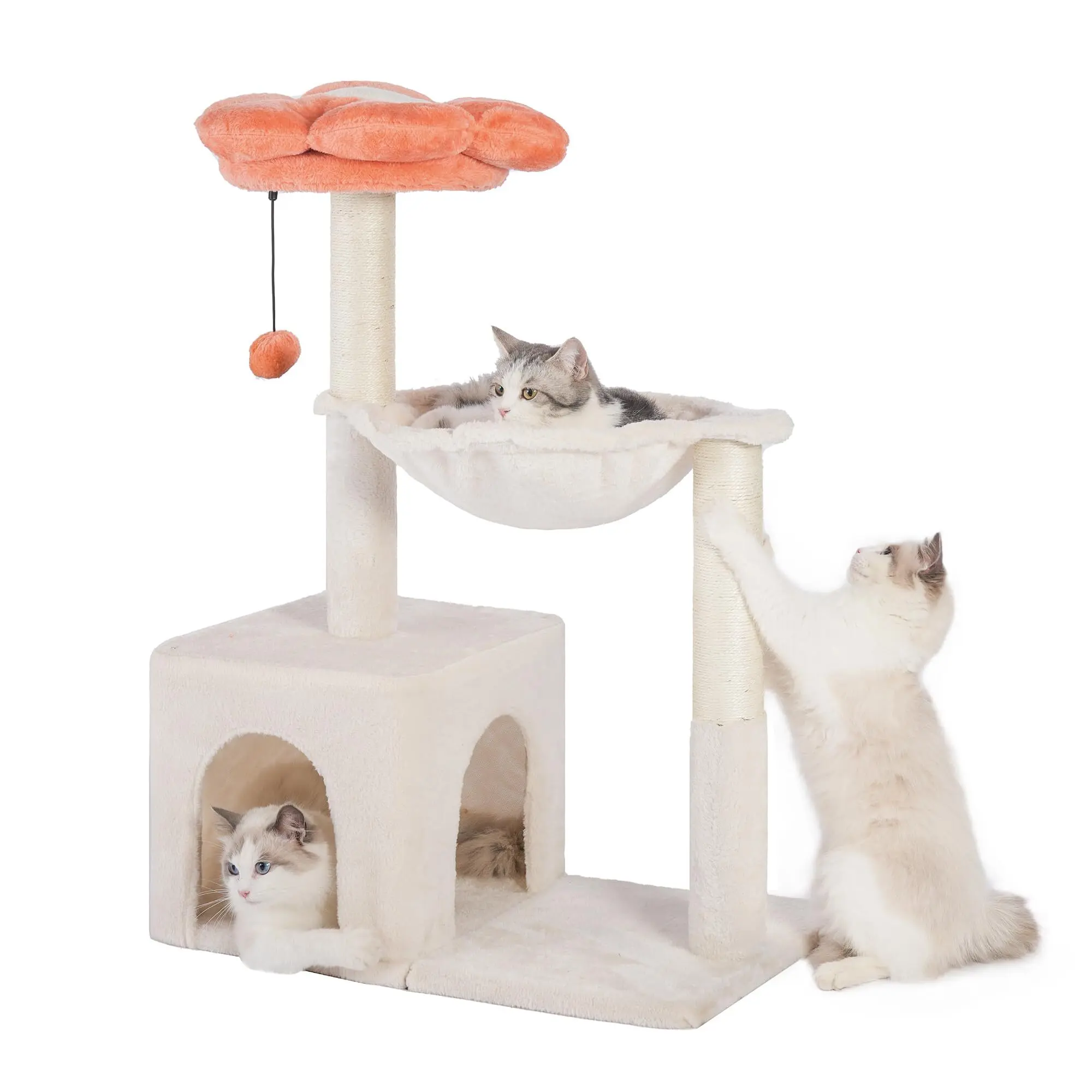 Pawfessor Flower Cat Tree 4 in 1 Cat Scratching Post for Indoor Cats 34" Small Cat Tower with 15.7" Hammock Removable Perch & Wide Condo for Large Cats Beige