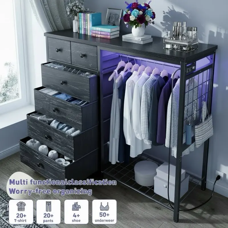 ComfyCorners 6-Drawer Dresser with Hanging Rack, LED Lights & Charging Station