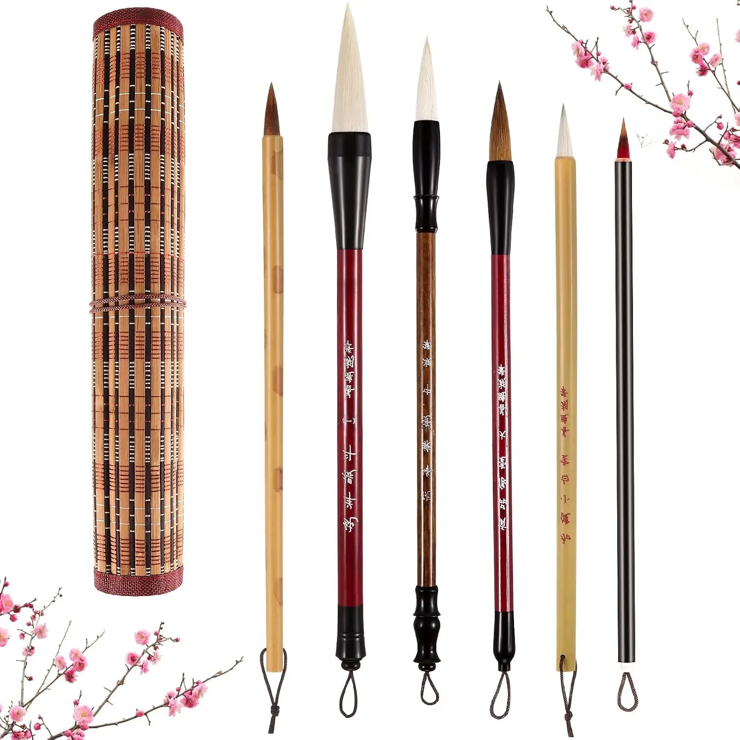 Marspark 6 Pcs Chinese Calligraphy Brushes Set with Roll-up Holder