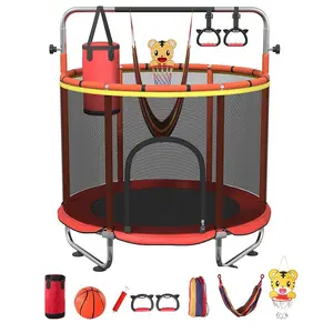 60" Trampoline for Kids, Indoor/Outdoor Mini Baby with Safety Enclosure Net, Adjustable Toddler with Basketball Hoop, Gifts for Boys & Girls