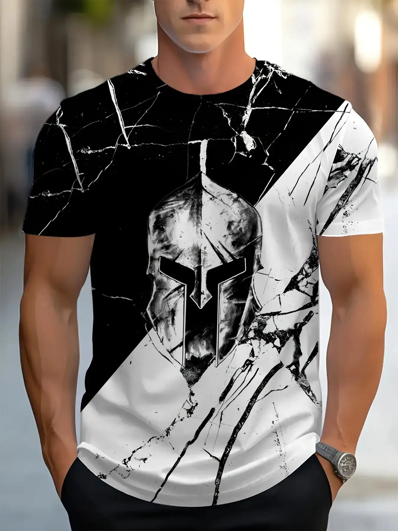 [Spartan Graphic Tee] Men's Spartan Helmet Graphic T-Shirt - Ancient Greek War Theme, Lightweight Breathable Fabric, History Enthusiasts, Fitness and Casual Wear, Black and White, PLUS SIZE