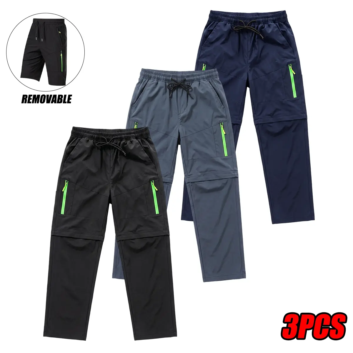 Men’s detachable long pants, all-season work trousers with zippered pockets, suitable for travel, hiking, and office wear; men’s formal and casual attire, multifunctional stylish outdoor clothing.