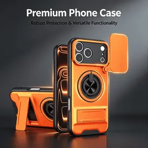 Heavy Duty Shockproof Phone Case with 360° Rotating Ring Stand, Slide Camera Lens Protector, Hands-Free Protective Cover for iPhone 17/16/15/14/13/12/11/ProMax/Air/Plus, Samsung Galaxy S series