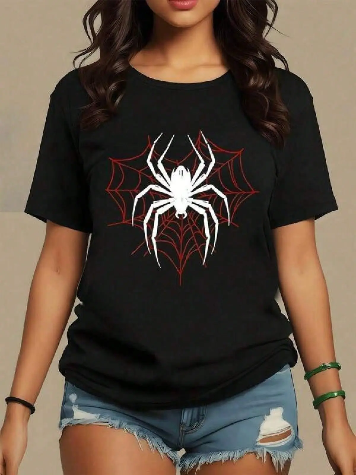 Unisex Clothes; New 2026 Collection White Spider Red Web Gothic Print Round Neck Short Sleeve T-Shirt, 180g 100% Cotton T-Shirt, Summer Clothes, Women's Tops, Casual And Comfortable, Fashionable T-Shirt retro women chic