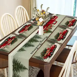 1 piece/4 piece/5 piece set/7 piece set, Christmas truck winter pattern Cars Theme table flag and placemat set, family holiday table decoration, suitable for indoor and outdoor gatherings, reusable daily table accessories, holiday gifts