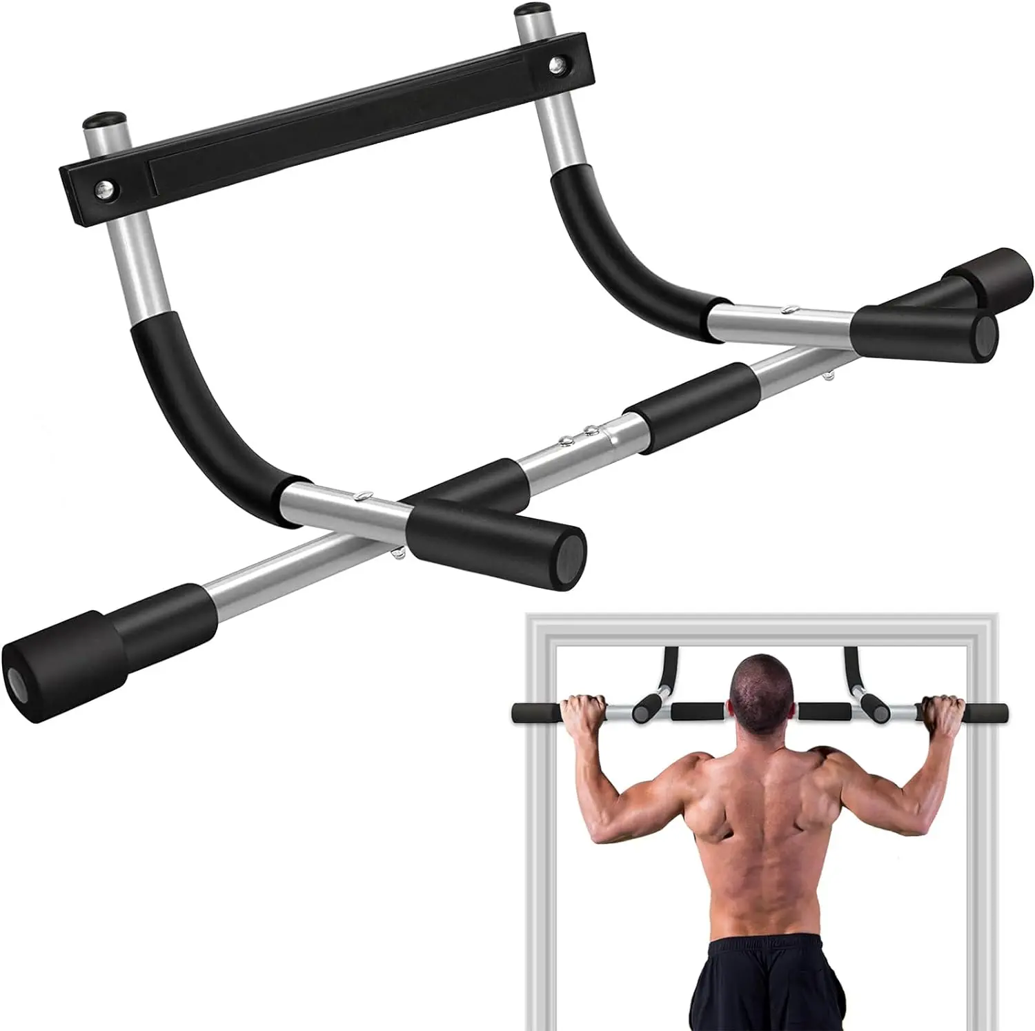 Sturdy Alloy Steel Doorway Pull Up Bar - Heavy Duty Chin Up Station for Home Gym, Foam-Gripped Multi-Grips Adjustable Door Frame Exercise Equipment for Teens’ Upper Body Strength Training, Push Up Board, Stainless Steel