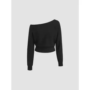 Cider [4 colors, size 2-26] Asymmetrical Neck Solid Crop Long Sleeve Top