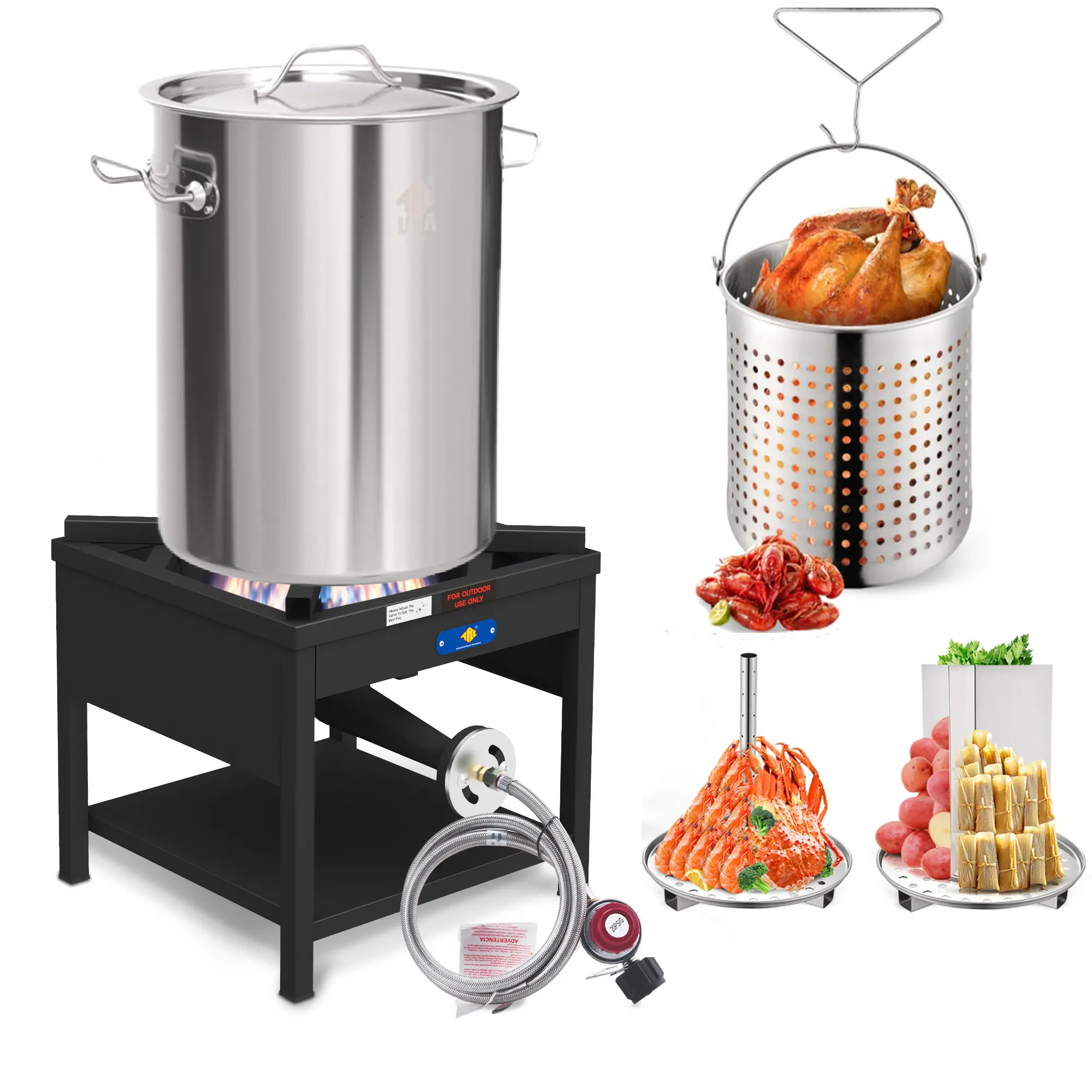 ARC 32QT Stainless Steel Pot with 200,000 BTU Propane Burner - Seafood Boil Pot, Crab Boil Pot, Lobster Pot, Shrimp Boil Pot, Tamale Steamer Pot with Basket and Turkey Fryer Burner