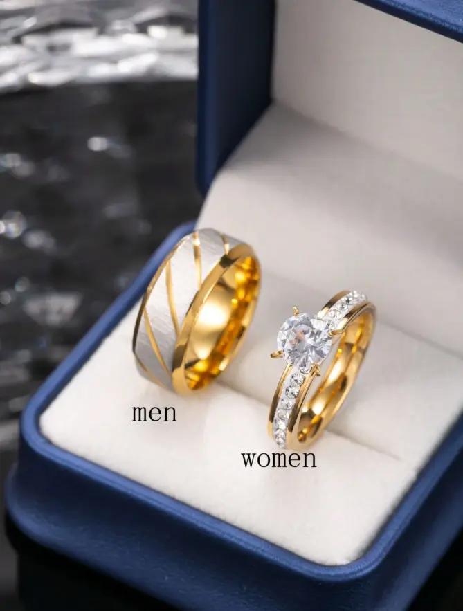 (Includes Gift Box) Unisex Hazard-Free Stainless Steel Couple Rings Gift Set, 2pcs Fashionable Elegant Jewelry