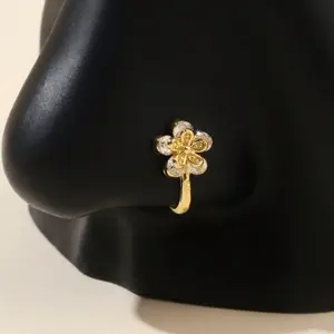 Floral Nose Ring with Zirconia – U-Shaped Non-Piercing Clip
