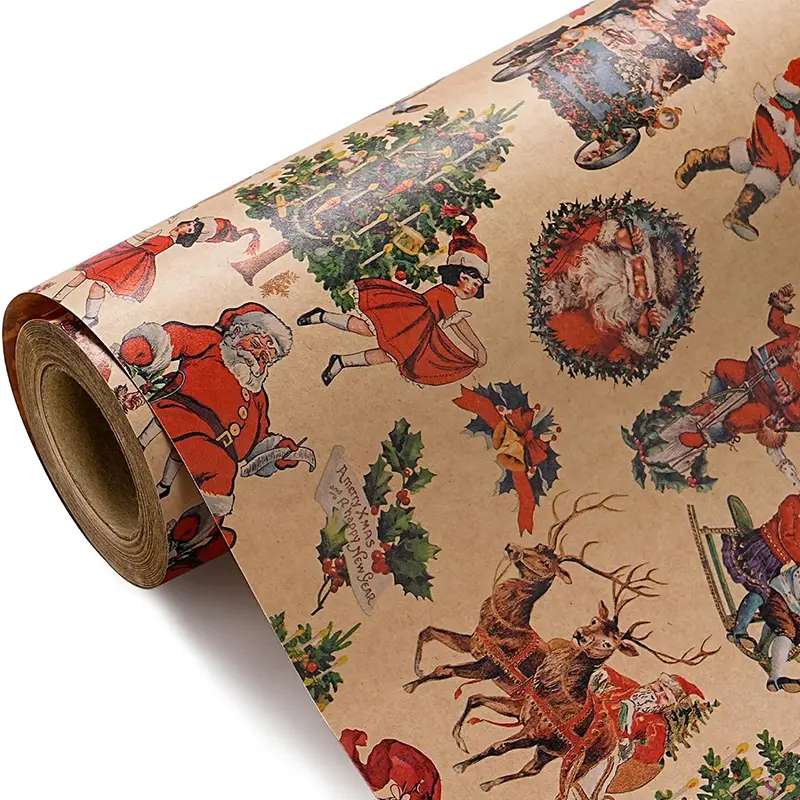 【Buy 2 Get 3 Free】WRAPAHOLIC Vintage Christmas Wrapping Paper Roll, 17 in x 16.5 ft, Toile de Jouy Holiday Gift Wrap with Santa, Farmhouse, Horse & Retro Christmas Designs, Premium Paper for Family Gifts, Christmas Presents & Holiday Parties