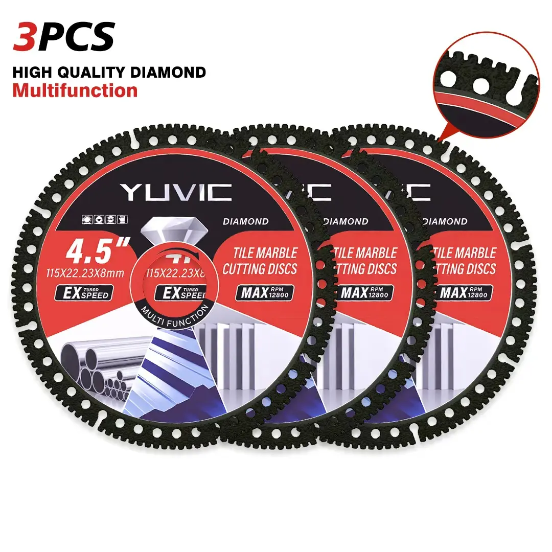 YUVIC 4.5" (115mm) Diamond Cutting Disc with Arbor Hole - Anti-Chipping, Advanced Brazing Tech Porous Grinding Wheel, 12800 RPM Dry Cutting Angle Grinder Accessory (1PCS/3PCS) for PVC Pipes