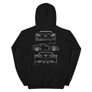 Men's Black Pullover Hoodie Corvette C6 Car Blueprint Graphic Motorsport Casual Sweatshirt Vintage Automotive Vibe Retro Car Blueprint Style