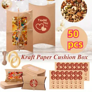 50 Pieces Kraft Paper Mini Pillow Packaging Box with Clear Window, Box Treat Gift Packaging Box for Bakery Candy Chocolate Jewelry Display Wedding Party Favor (Brown, 4.13 x 2.75 x 0.78 inch)