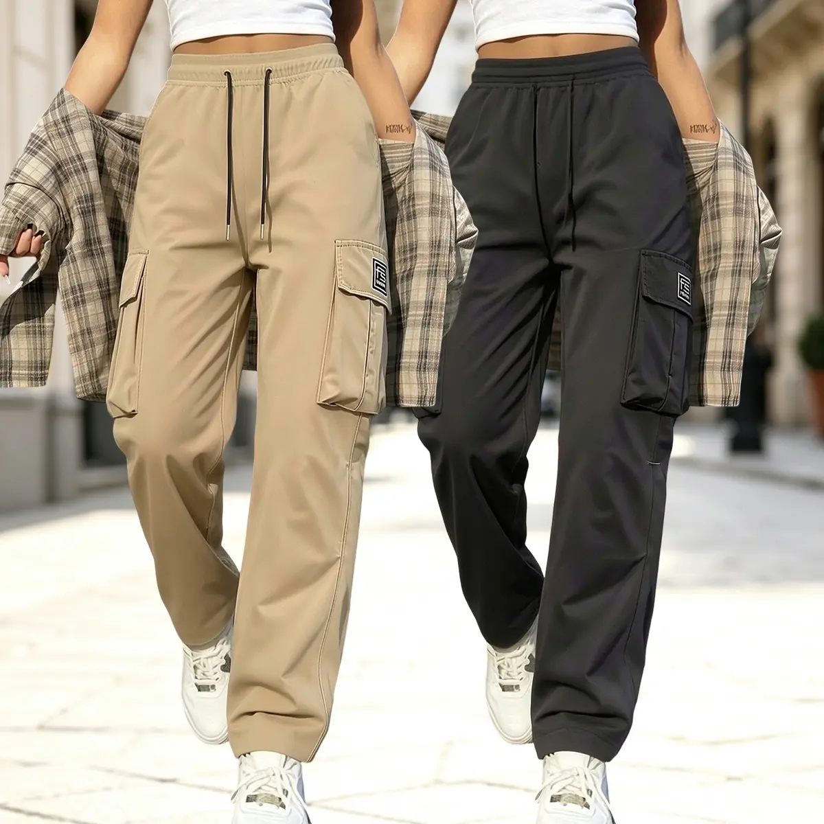 2-pack: women’s casual cargo pants—suitable for outdoor work, leisure activities, and everyday wear—with multiple pockets, an adjustable drawstring waist, comfortable yet stylish, suitable for all seasons for work; women’s bottoms, casual long pants, summ