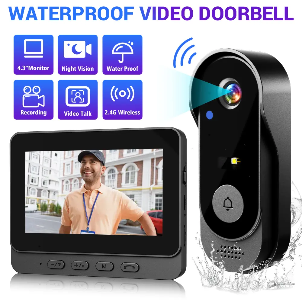 Wireless Smart Security Doorbell Camera 4.3‑Inch Indoor Monitor 120° Wide‑Angle Lens IP66 Waterproof Night‑Vision Two‑Way Audio Auto Recording 128GB TF‑Card No‑Drill Intercom, No‑App No‑Network Needed