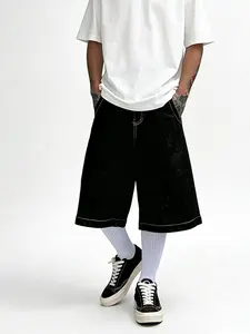 Men's Loose Fit Casual Denim Shorts with Back Pockets, Embroidered Design, American Style, Pure Color Jeans, Fashionable Men's Pants