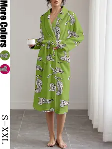 Women's Flannel Robe, Soft Plush Fabric, Tiger Print, Long Sleeve V Neck, Casual Home Wear, Warm Winter Sleepwear