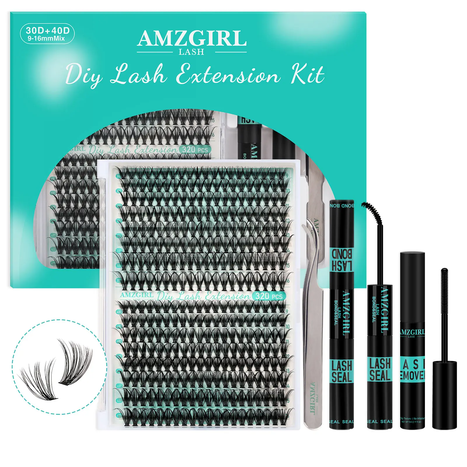 AMZGIRL LASH 320 Clusters DIY Cluster Lash Extension Kit 30D+40D 60D+80D Eyelashes Waterproof Bond and Seal DIY Lash Extensions Lash Clusters Waterpro