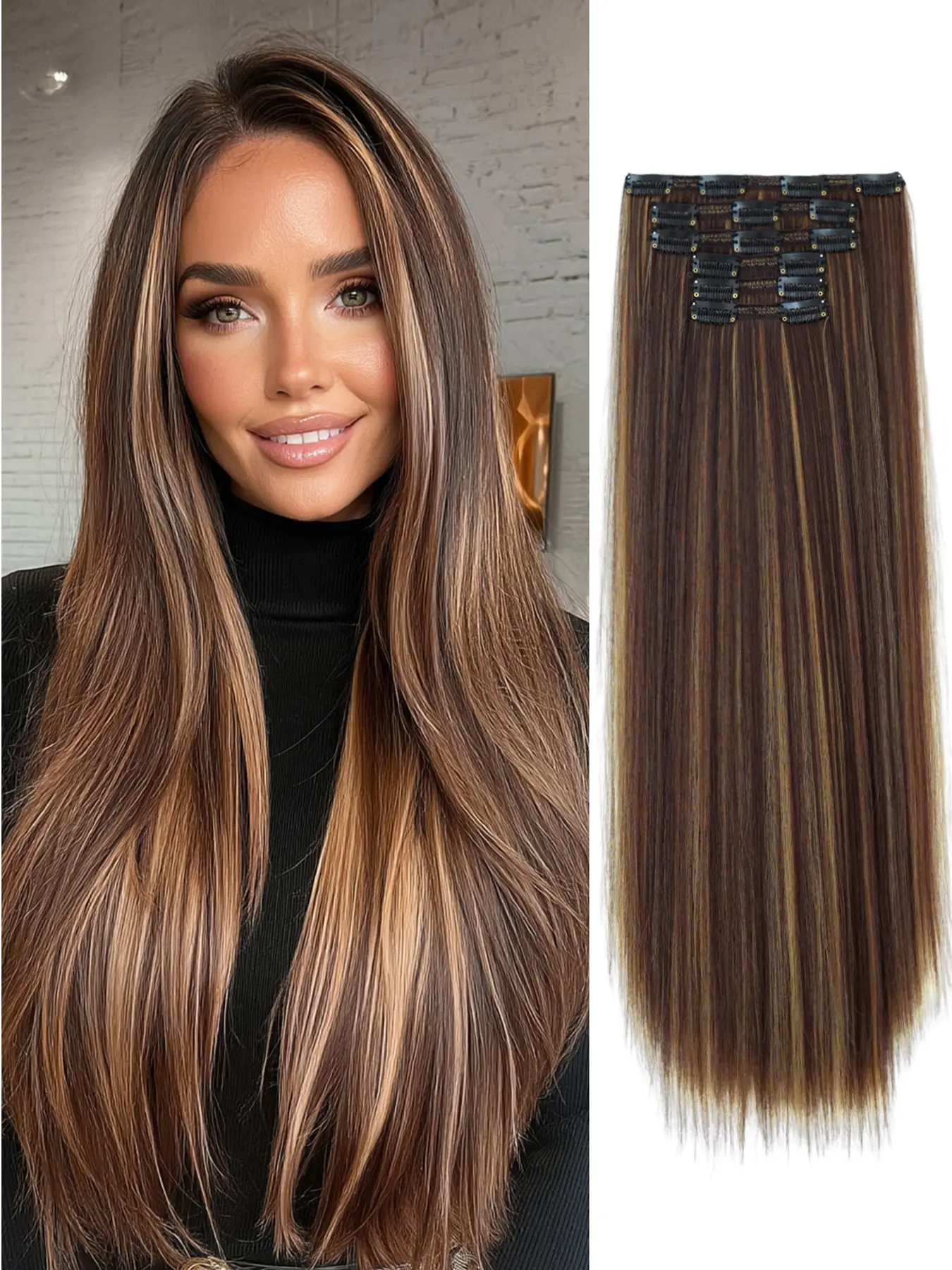 Women Synthetic Heat-Resistant Fiber Hair Extensions Set, Synthetic Soft Hairpieces, Long Straight Clip-On Clip In Accessories for Daily Use, 6-Piece Pack, Heat Friendly Synthetic, Fake Hair