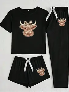 Women's Short Sleeve 3-Piece Matching Pajama Set with Highland Cow Print Animal, Casual Comfortable Sleepwear Loungewear Pyjamas Set for All Seasons, Fitted Knitted Fabric