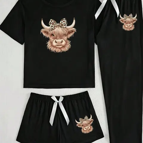 Women's Short Sleeve 3-Piece Matching Pajama Set with Highland Cow Print Animal, Casual Comfortable Sleepwear Loungewear Pyjamas Set for All Seasons, Fitted Knitted Fabric Pj Set