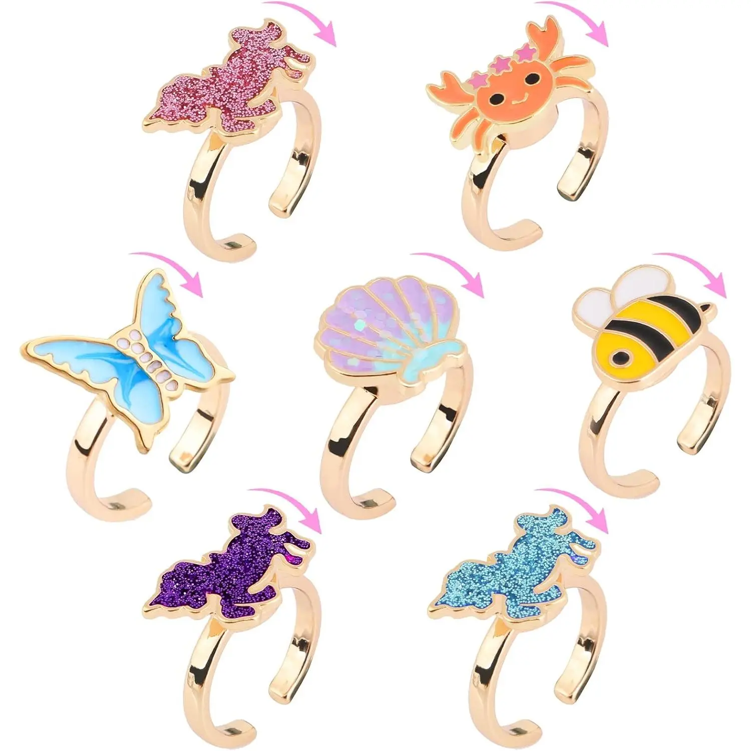 *FRC7 7Pcs Fidget Rings for Anxiety, Shell Butterfly Unicorn Flower Stainless Steel Spinner Ring Set Mood Rings Stress Relieving Wide Rings Set