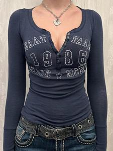 women's letter print tight sleeve button front tee, graphic tees, casual streetwear, long sleeve round neck t-shirt for spring & fall, women's t shirts top for daily wear, fall clothes, trending clothing women