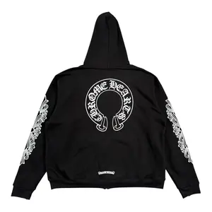 Women's Long-Sleeve Thermal-Lined Hooded Sweatshirt, Casual Chrome Hearts Pullover Top, Black White Horseshoe Floral Print Zip-Up