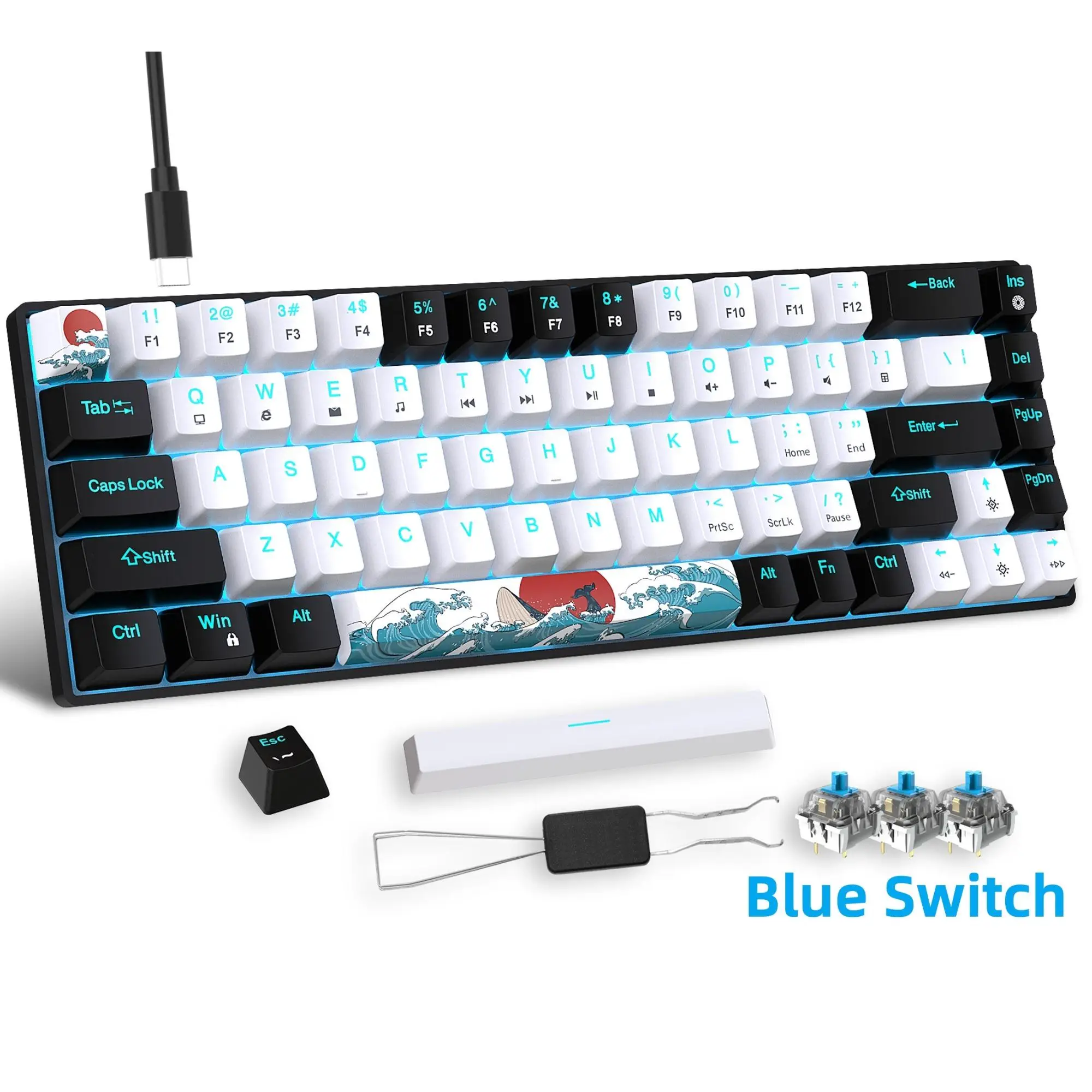HXSJ Mechanical Gaming Keyboard, 68-key Wired Gaming Keyboard, USB Powered Mini Keyboard with Blue Light for Windows/Mac/PC/Laptop