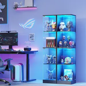 MIIFUNY Corner Display Cabinet with Glass Doors, Curio Cabinet with 3 Color LED Lights for Collectibles, 4-Tier Display Case with Human Body Sensor for Toys, Books, Black