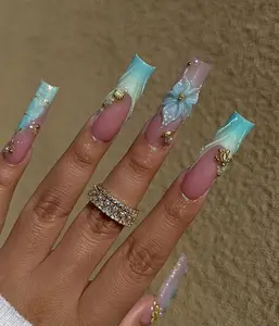 Blue Ocean Summer Press On Nails | Aqua Blue Ombre Beach Nails | 3D Floral Shell Nail Art | Summer Luxury Press Ons | Sea-Inspired | DC362H