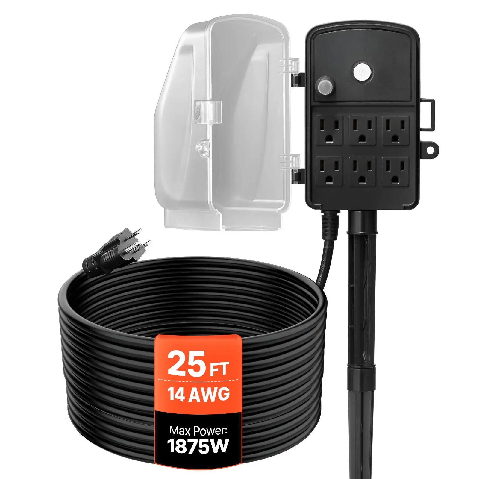 【Summerfinds】VEVOR Outdoor Waterproof Wired Power Stake, 25 FT 14AWG/3C Grounded Cord, 6-Outlet Power Strip with Cover, 15A Overload Protection, PC Housing Mountable Plug Hub for 15A/1875W Devices, Ideal for Christmas Lights, 14Awg/3C Grounded Wire, Cable