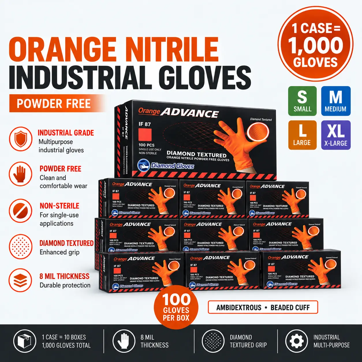 ORANGE NITRILE GLOVES, CASE OF 1000, 8 MIL EXAM GRADE, POWDER-FREE, PREMIUM DISPOSABLE (S M L XL)