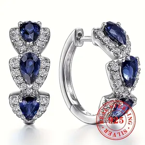 Elegant Luxury 925 Sterling Silver Hoop Earrings With Synthetic Blue Sapphires, September Birthstone, For Daily & Banquet Occasions, Ideal Valentine's Day Gift - 1 Pair