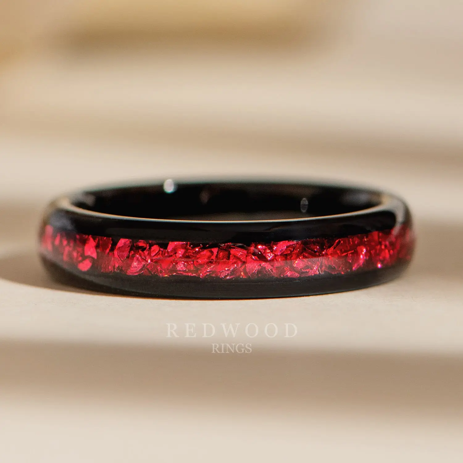 Black Tungsten Ring with Red Lab-Created Garnet Inlay - 4MM