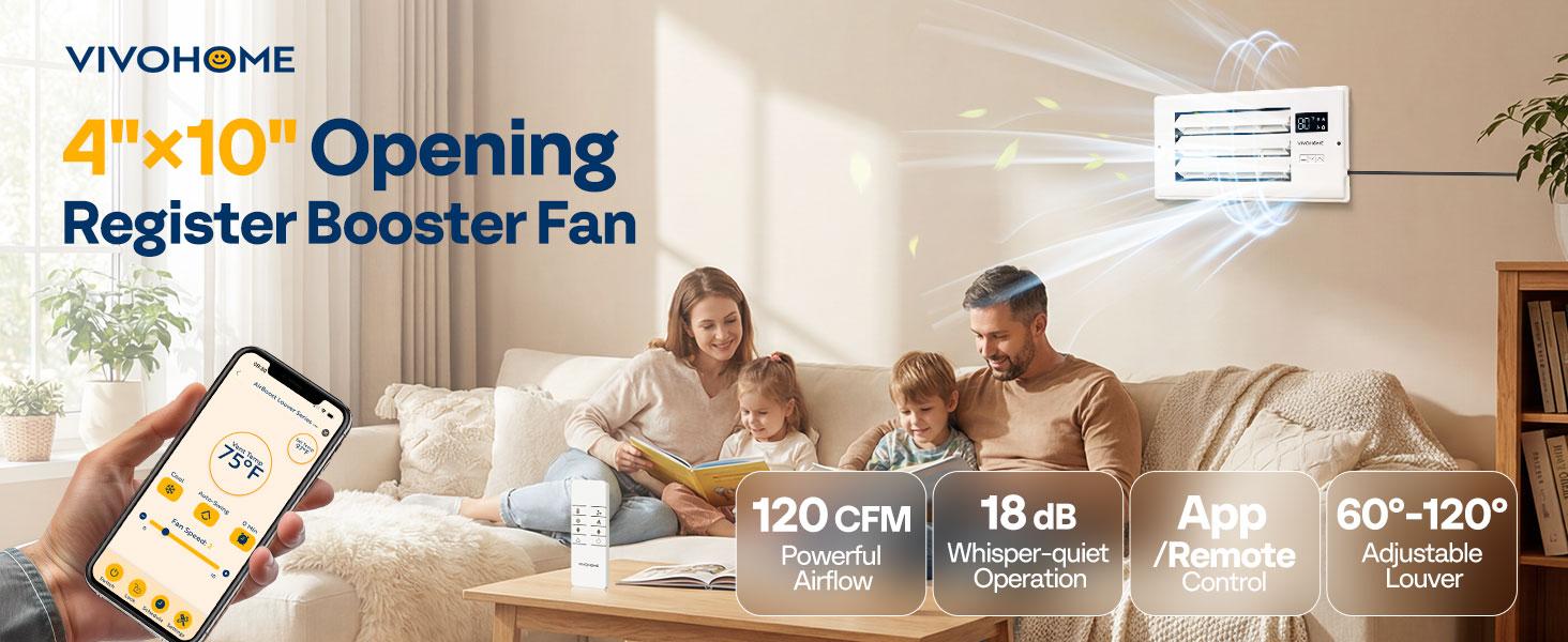 VIVOHOME Register Booster Fan WIFI App & Remote Control - With Adjustable Louver - Smart Thermostat & 10-Speed - AC Vent Fan for Floor, Ceiling, Wall - Quiet Operation (White)