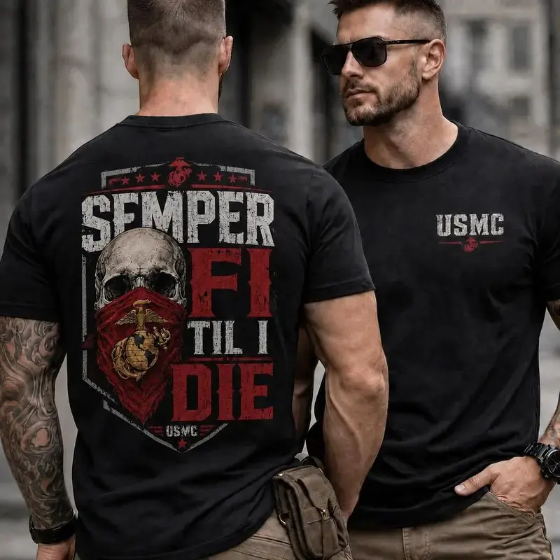 Semper Fi Til I Die Shirt, USMC Veteran Skull Graphic Tee, United States Marine Corps Military T-Shirt, Patriotic Tactical Graphic Shirt, Marine Veteran Gift for Men