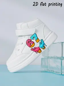 Kids Cartoon Number and Donut Print High Top Sneakers, 2D Flat Printing Casual Shoes for Toddlers, PU Upper and Eva Sole for All Seasons