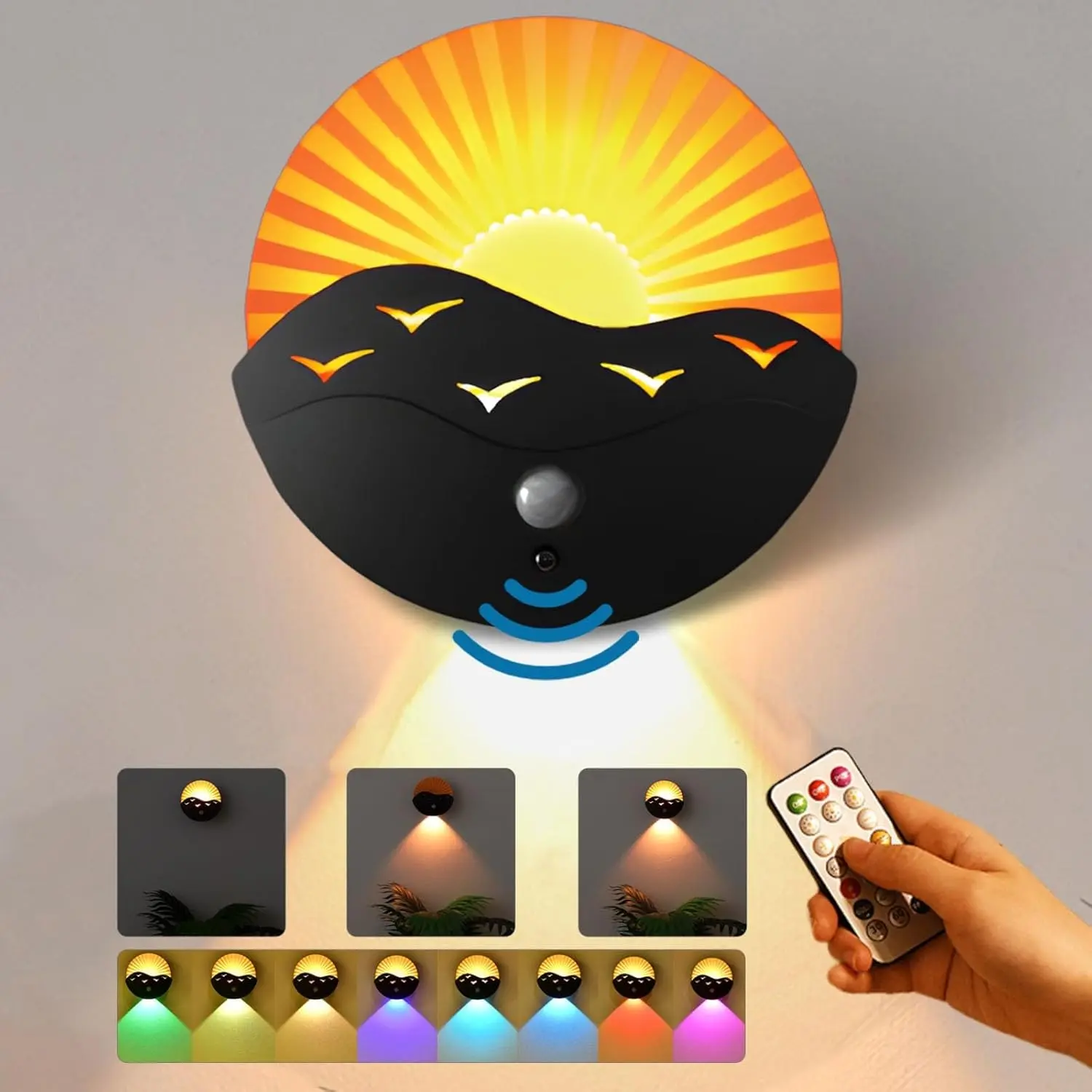 LED Wall Light with Motion Sensor, Sunrise Lamp with Remote Control, 10 Color Modes RGB & Ambient Light, Rechargeable 2000mah, Ideal for Bedroom/Living Room/Corridor/Staircase Lighting