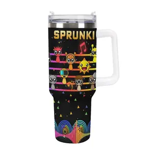 20oz&40oz Sprunki Music Themed Insulated Stainless Steel Car Tumbler Leak Proof Travel Cup with Lid Three Color Options Cute Cartoon Character Musical Note Pattern for Kids Adults Sprunki Fans Ideal Daily Use and Gift