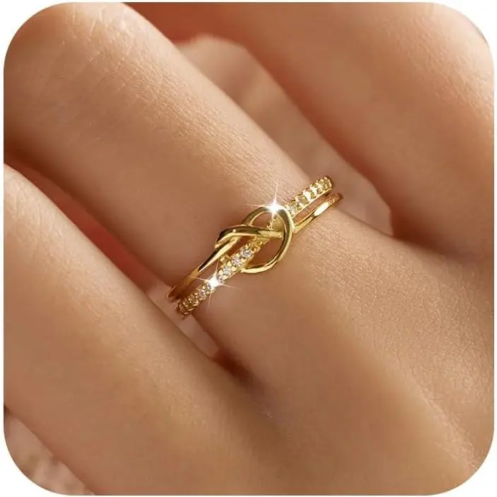 Heart Ring Mother Daughter Friendship Knot Rings Stackable Rings for Women Promise Rings for Her 925 Sterling Silver Ring 14K Gold Plated CZ Ring Birthday Christmas Gifts for Daughter Mom