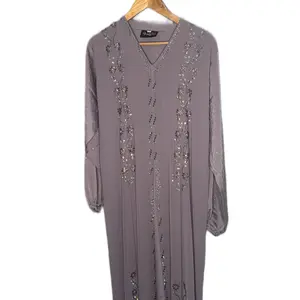 Tasafoh Abaya - Elegant Grey Long Sleeve Dress with Beaded Embellishments for Women